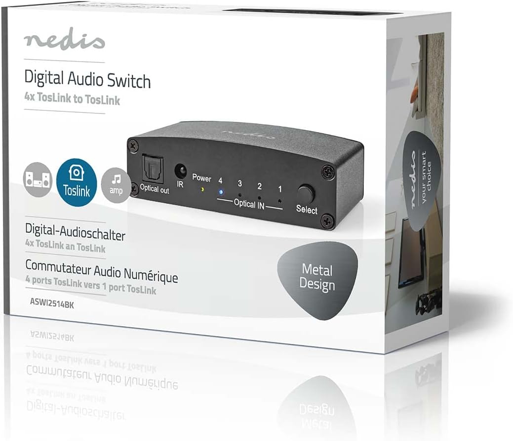 Nedis Digital-Audio-Switch | 4-Wege | Anschlüsse – Eingang: DC Power / 4X TosLink | Anschlüsse – Aus