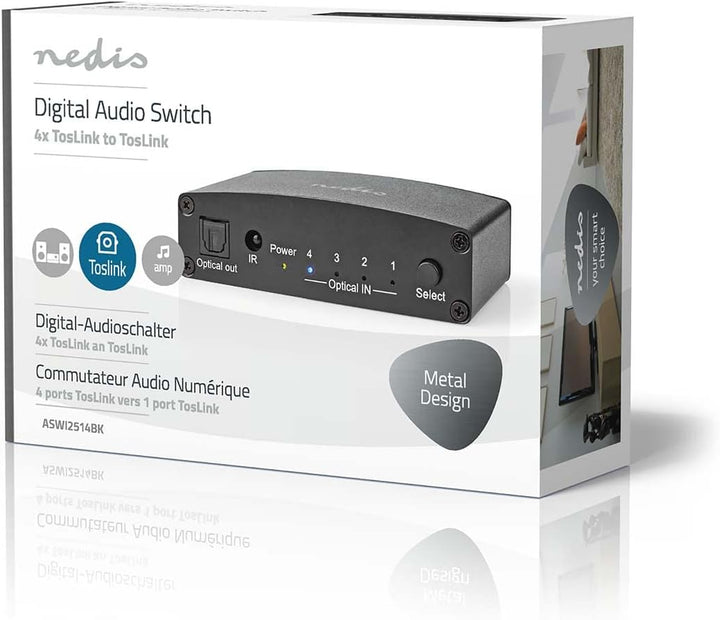 Nedis Digital-Audio-Switch | 4-Wege | Anschlüsse – Eingang: DC Power / 4X TosLink | Anschlüsse – Aus