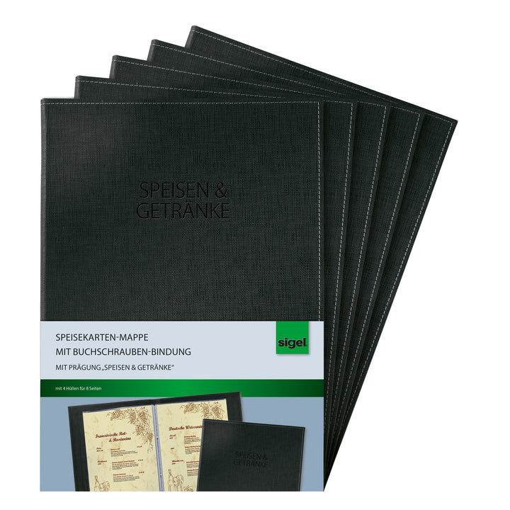 SIGEL SM131/5 Speisekarten-Mappen mit Buchschrauben-Bindung für A4, 5-er Pack, schwarz mit edler Lei