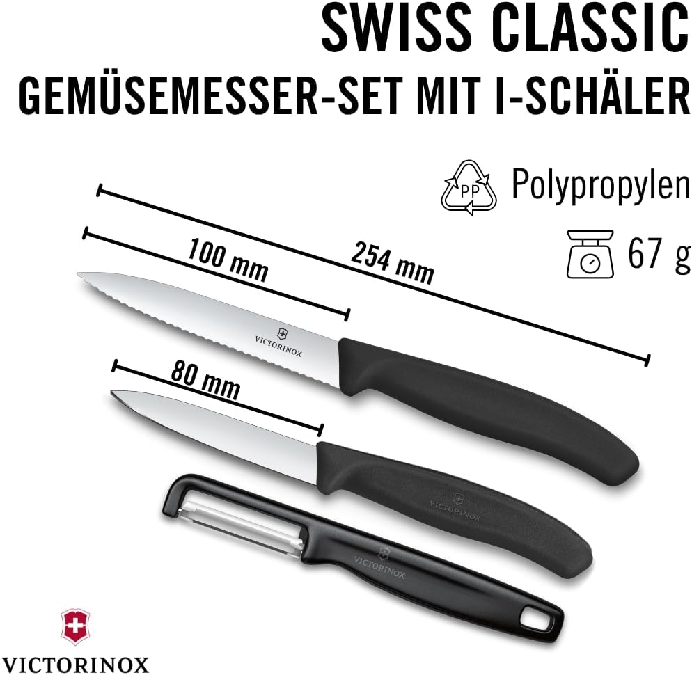 Victorinox Swiss Classic Gemüsemesser Set mit Sparschäler, Schälmesser und Tomatenmesser, 3-teilig,