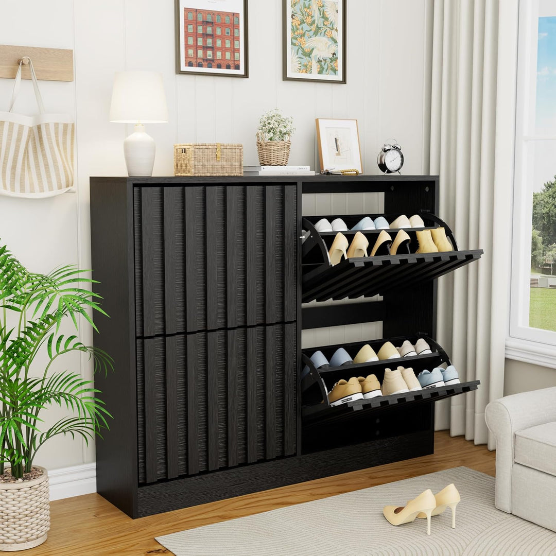 UEV Schuhschrank mit 4 Klappen Holz Schmal Schuhkipper Schuhkommode mit Kippschutz, Schuhaufbewahrun
