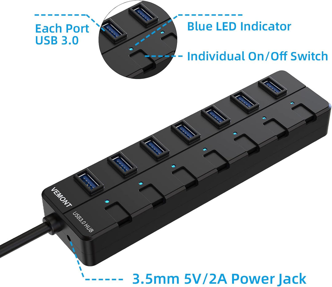 USB 3.0 Hub mit Netzteil,VEMONT 7 Ports USB Hub Aktiv USB Verteiler 5Gbps und Einzelne EIN/Aus-Schal