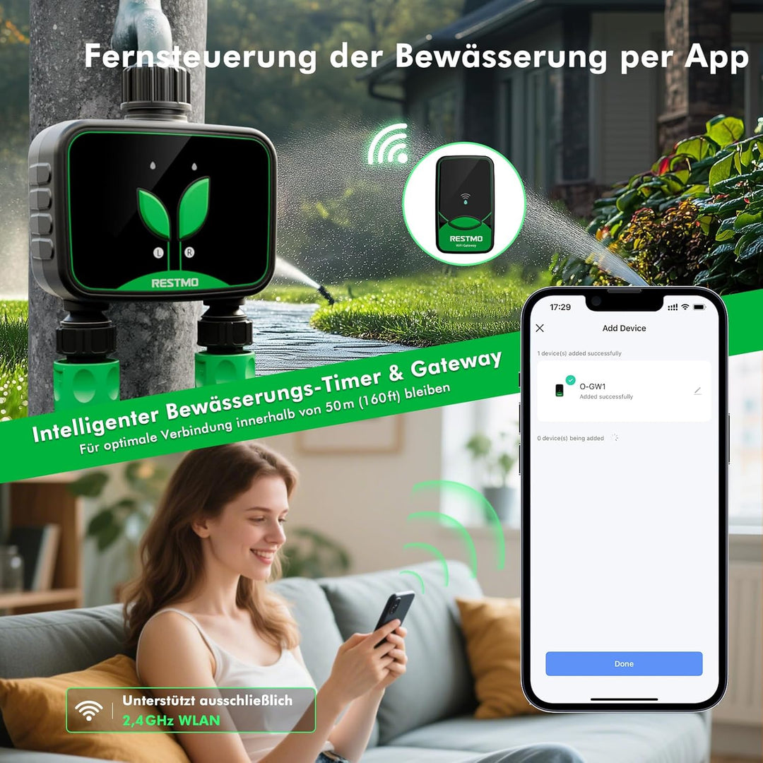 RESTMO WiFi-Bewässerungscomputer, programmierbare Wasserzeitschaltuhr für die Gartenbewässerung, 3 B