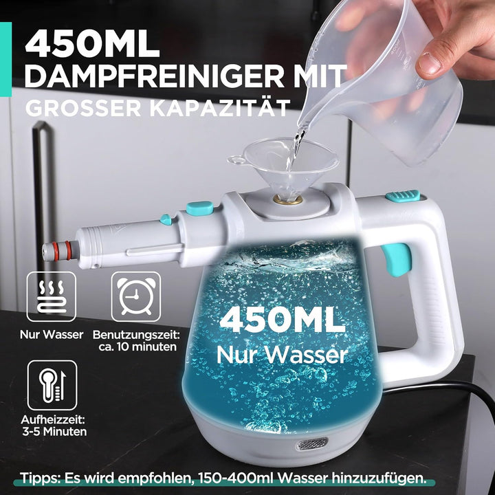HAUSHOF Dampfreiniger Handgerät 450ml, 1200W Hand Dampfreiniger für alles mit 8 Zubehör, 3,0 bar Dam