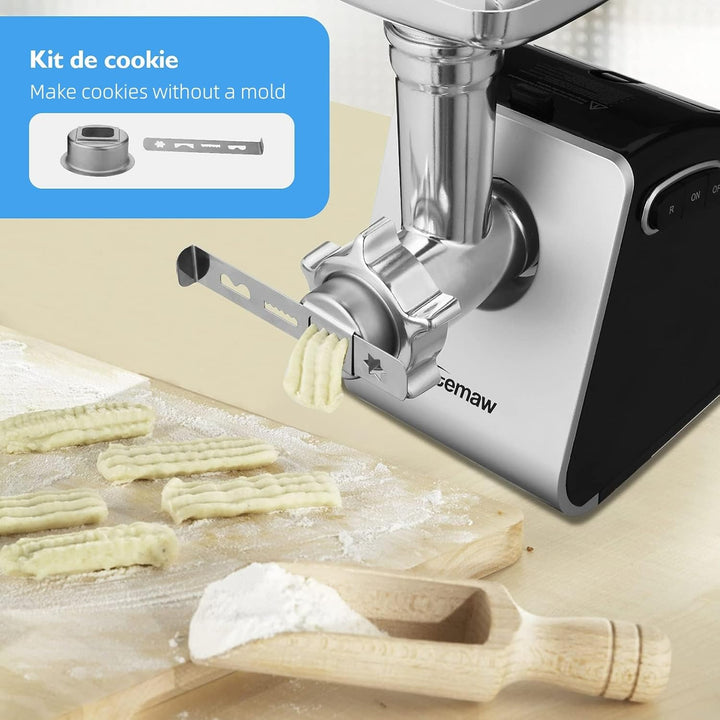 Nictemaw Elektrischer Fleischwolf 2000W, 5-in-1 Küchenmaschine mit 4 Klingen, Spritzgebäckvorsatz, 3