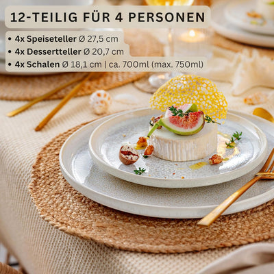 SÄNGER | Geschirrset Korfu 12 tlg, Tafelservice 4 Personen, Steingut Geschirr Handmade, Teller Set i