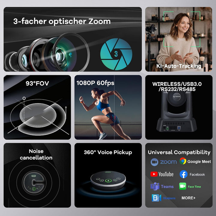 TONGVEO Kabelloses KI PTZ Kamerasystem mit Auto-Tracking &amp; Empfänger, Bluetooth Konferenzlautspreche