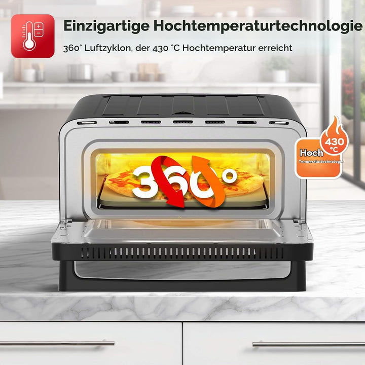 TurboTronic Pizzaofen bis 430 °C perfekte Pizza (30 cm) in 2 Minuten inkl. Pizzastein &amp; Pizzaschiebe