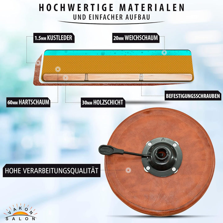 Premium Rollhocker Hellbraun mit Fussring - Höhenverstellbar von 55-75 cm - Rundsitz Drehhocker Arbe