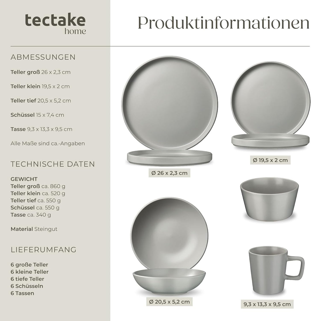 tectake® 47-tlg. Küchenstarterset, Steingut Geschirrset 6 Personen, Tassen, Teller Set, 2x Kochtopf,