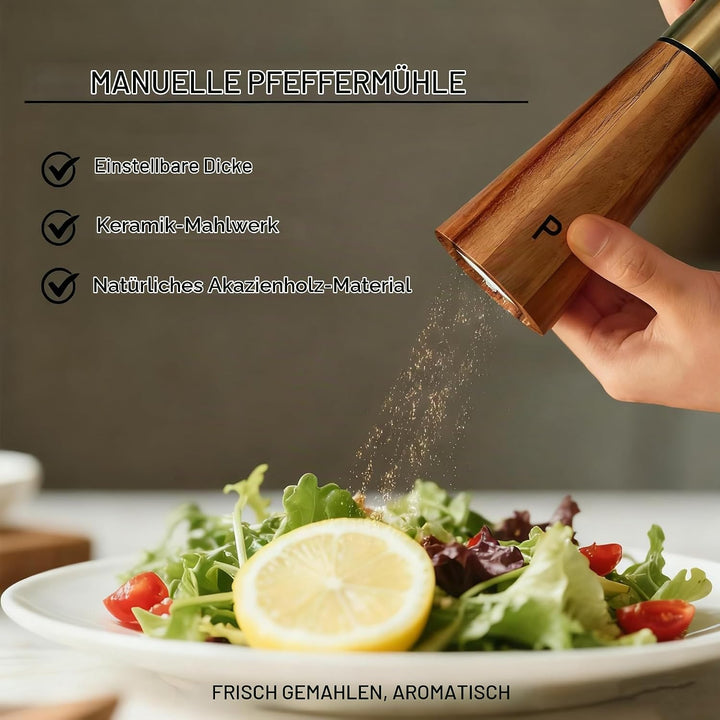 Salz und Pfeffermühlen Set aus Holz mit Sockel manuelle Pfeffermühlen Verstellbarer Keramikkern, Aka