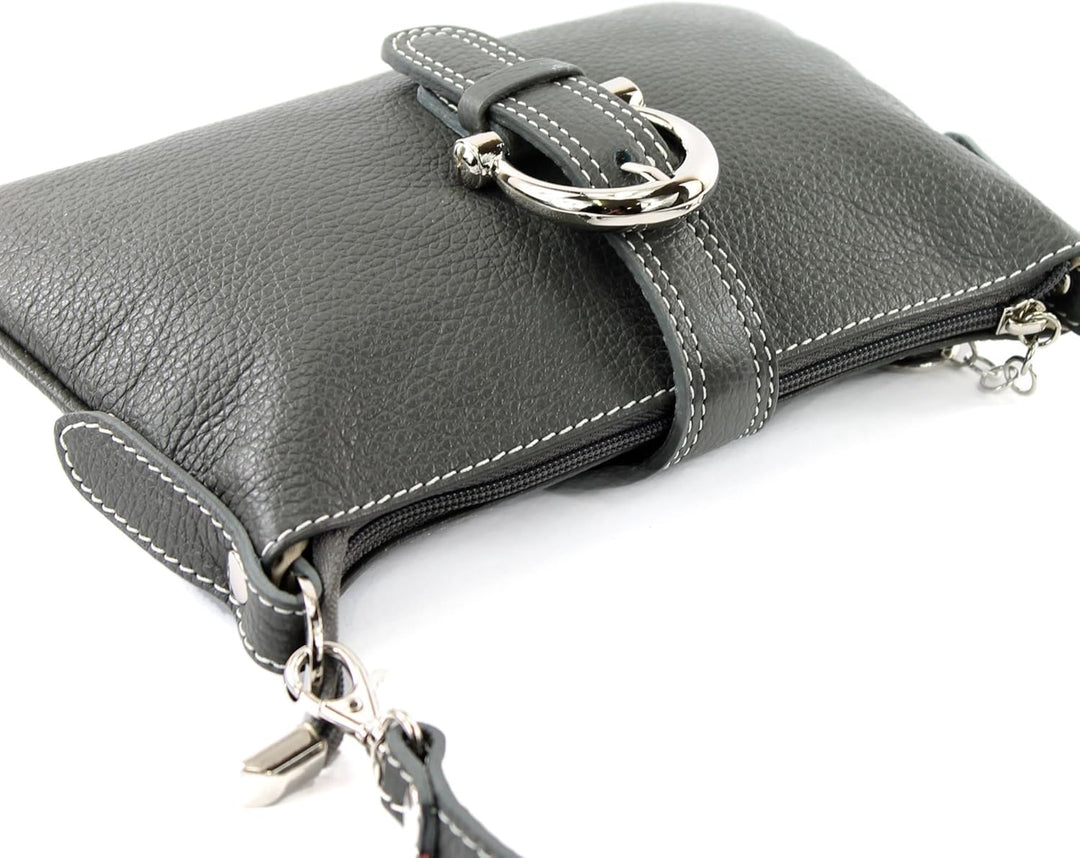 modamoda de - T05 - ital Citytasche Umhängetasche Klein aus Leder Dunkelgrau, Dunkelgrau