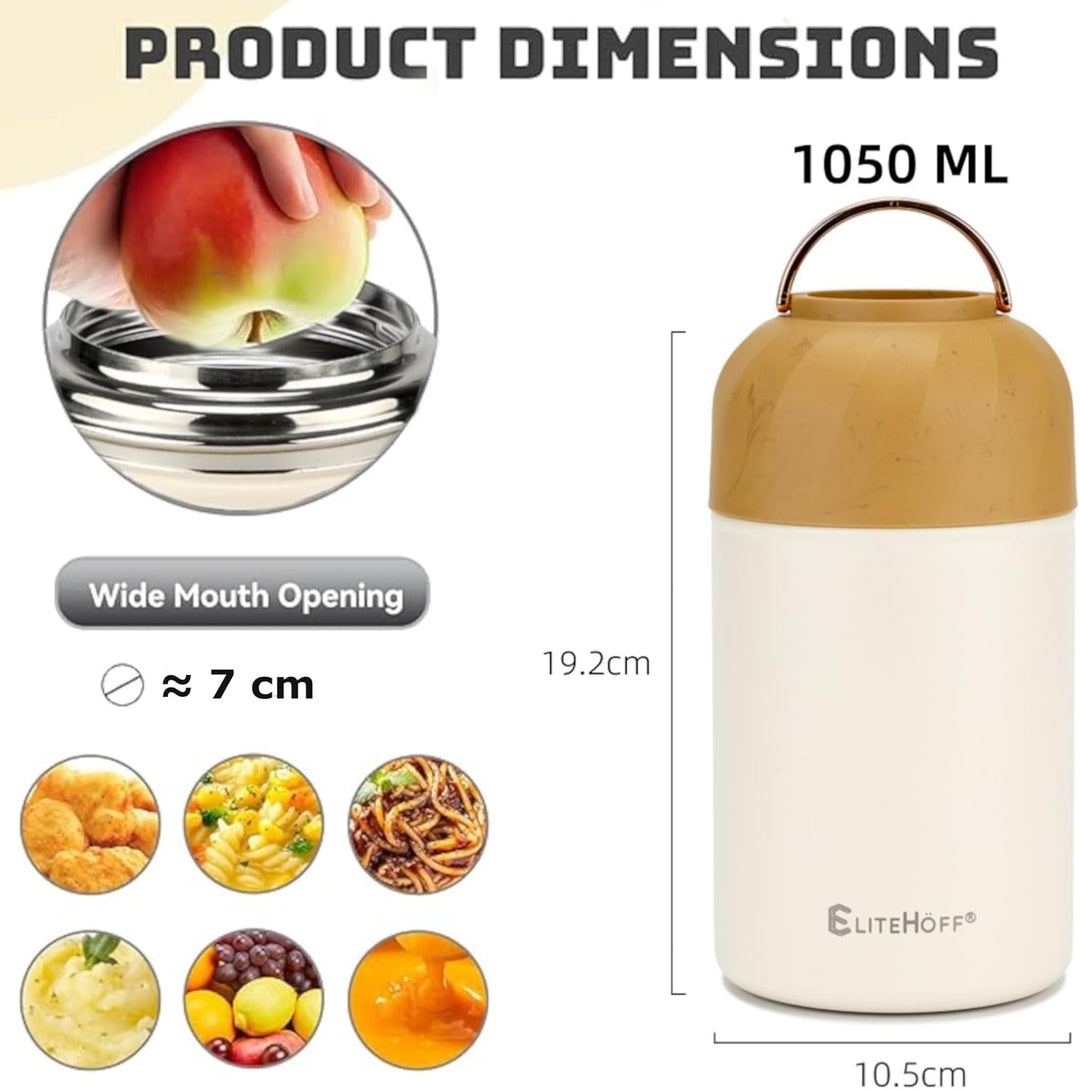 EliteHoff Thermobehälter für Essen, 1 L, Wärmebehälter für Speisen aus Edelstahl mit Löffel, Auslauf