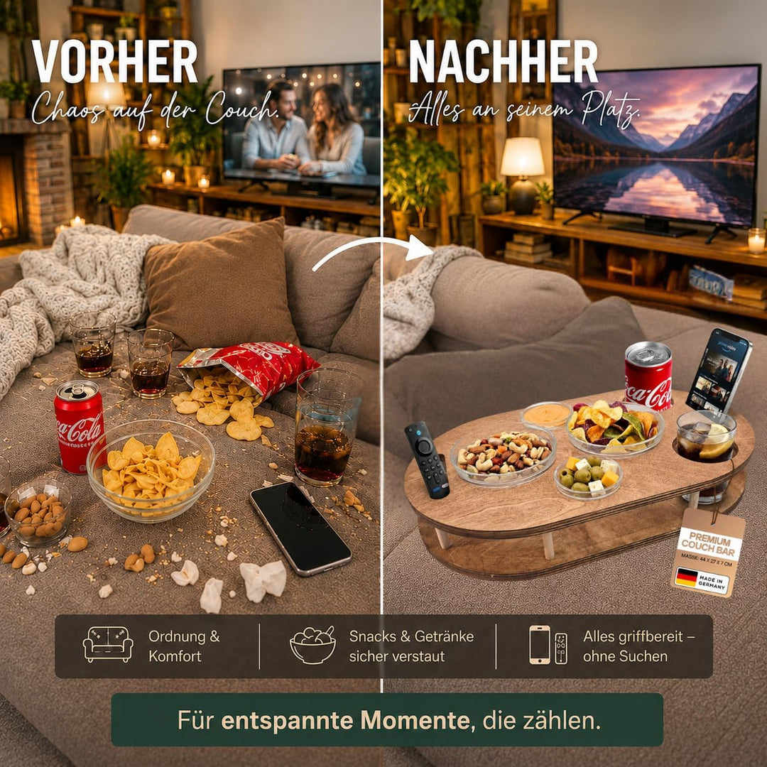 Couchbar Snackbox mit 4 Glasschalen - Sofabar für Snacks und Getränke - Couchtabletts mit Getränkeha