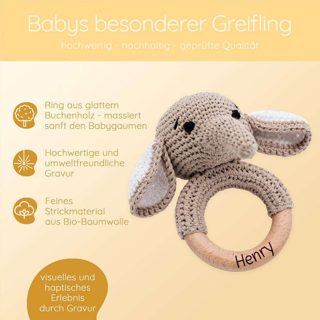 Personalisierter Beissring Baby - Niedlicher Greifling für Baby's ab 0 Monate - Babyrassel mit Name