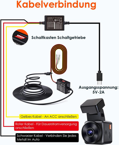 VANTRUE Shifting Gear 11,5 Ft USB-C 12V-24V bis 5V Dashcam Hardwire Kit mit Sicherungshaltern, Niede