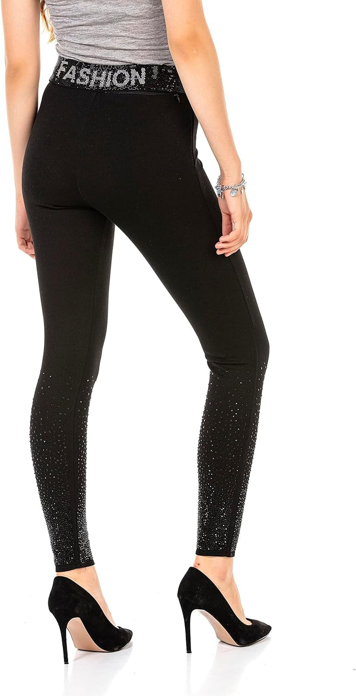 Cipo & Baxx Damen Leggings Tights Logobund Strasssteine Bequem Eng Lang Pants WR141 Schwarz S