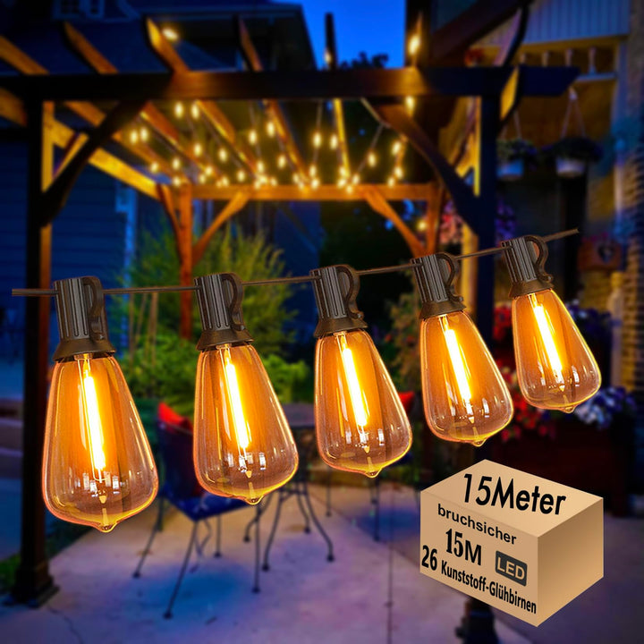 15M Lichterkette Aussen LED ST38 Edison Outdoor Lichterkette wasserdicht IP44 mit 25+1 Plastikbirne