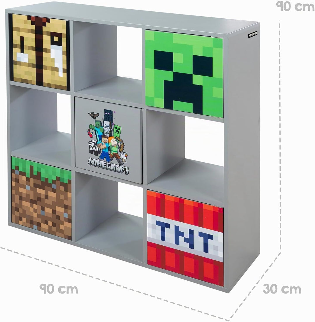 Phoenix Group Minecraft - 3x3 Regal, Raumteiler mit Türen und offenen Fächern, Grau