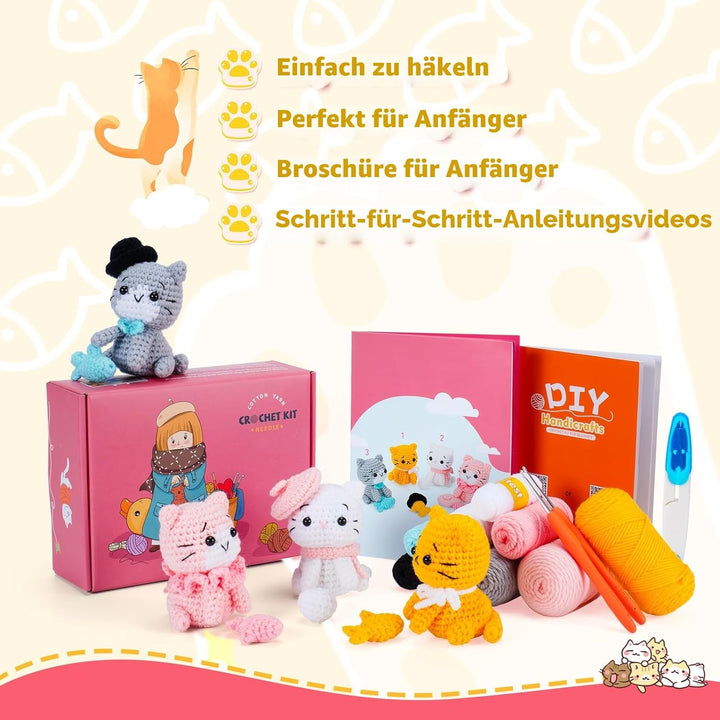 Häkelset für Anfänger Katzen Häkelset Tier-Häkelsets Komplettes Tier-Häkelset mit Schritt-für-Schrit