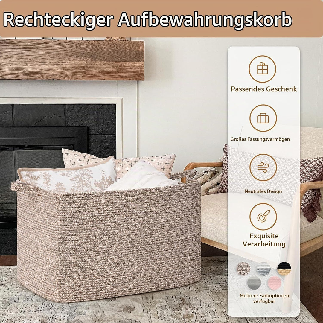 TIMEYARD 105L Grosser Aufbewahrungskorb, rechteckiger Korb aus Baumwollseil für Decken, Kleidung, Sp