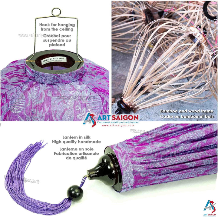 Asiatische Lampion aus Seide, violett, Durchmesser 30 cm, Laterne aus Stoff, Bambus und Holz, Dekora