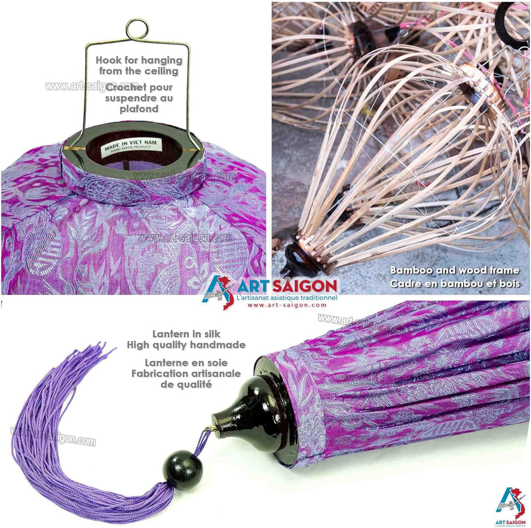 Lampion, asiatische Hoi an Seide Mauve R – Ø 38 cm (REF. R25-M) – Kunsthandwerk aus Vietnam.