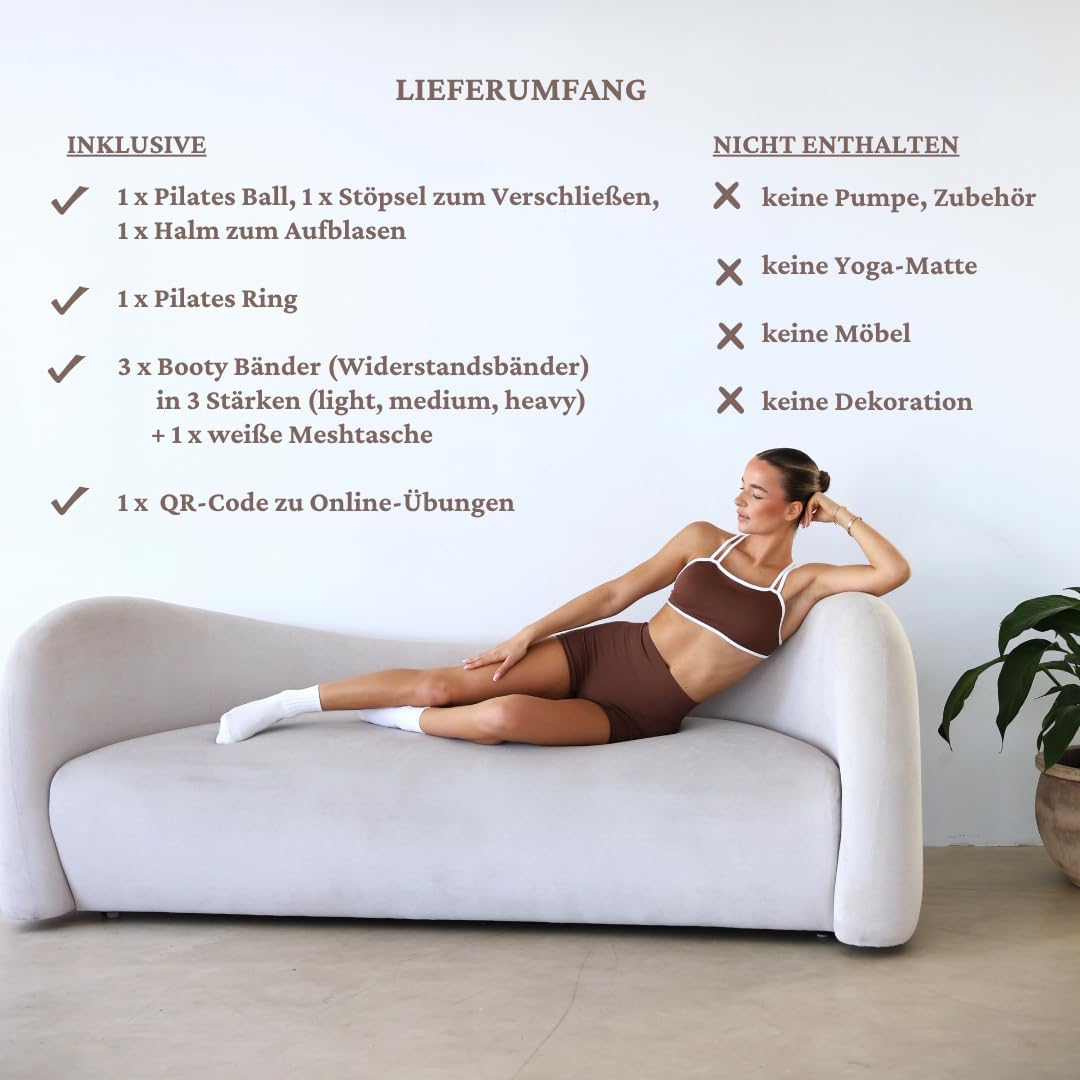 Premium Pilates Set 3-teilig: Ring, Ball & Booty Bänder – Nude/Braun – Home Studio Workout Zubehör m