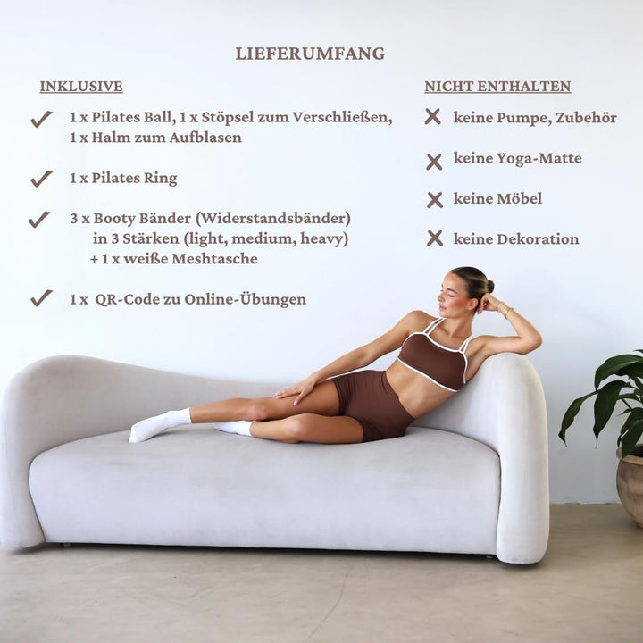 Premium Pilates Set 3-teilig: Ring, Ball & Booty Bänder – Nude/Braun – Home Studio Workout Zubehör m