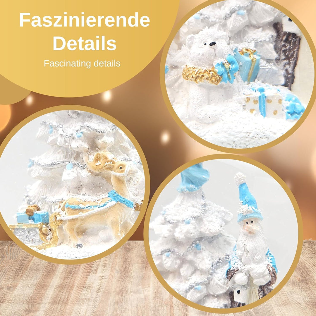 Schneekugel Weihnachten | Weihnachtsmann türkis Silber weiss | Sockel weiss gerade Sterne | H:16 cm