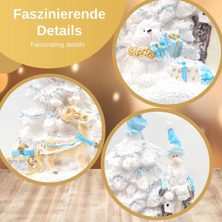 Schneekugel Weihnachten | Weihnachtsmann türkis Silber weiss | Sockel weiss gerade Sterne | H:16 cm
