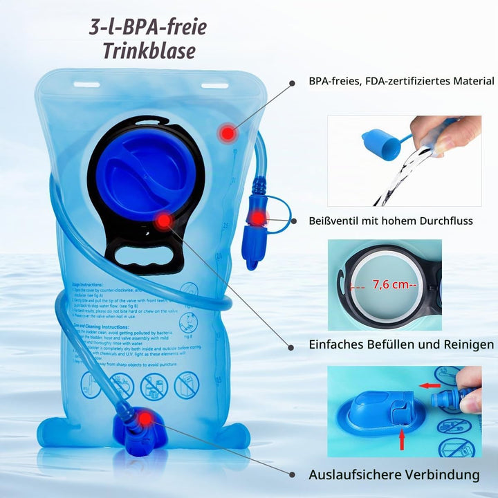 Trinkrucksack mit Trinkblase 3L BPA-Frei, Wasserdichter Outdoor-Rucksack, Rucksack mit Trinksystem,