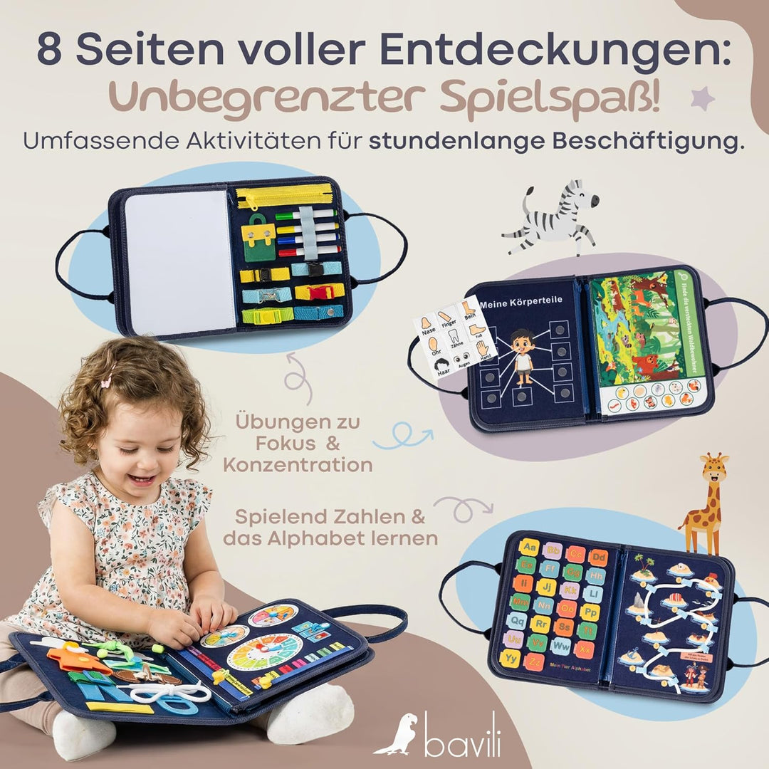 Montessori Busy Board ab 3 Jahre - 8 interaktive Seiten mit Deutschen Inhalten - Montessori Spielzeu