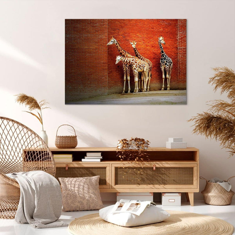 Bilder auf Leinwand 100x70cm Leinwandbild Tiere Giraffen Zoo Familie Gross Wanddeko Bild Schlafzimme