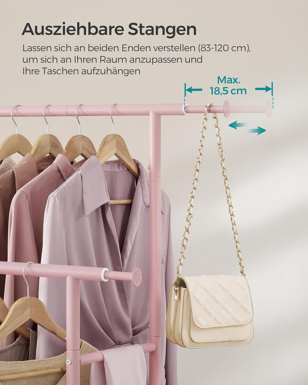 SONGMICS Kleiderständer auf Rollen, doppelte Stangen, ausziehbare Kleiderstangen, Garderobenständer