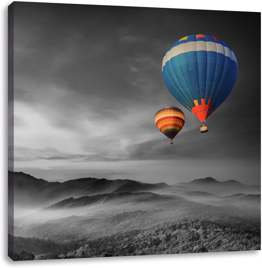 Pixxprint Heissluftballons über den Wäldern der Alpen schwarz/weiss, Format: 70x70 auf Leinwand, 70x