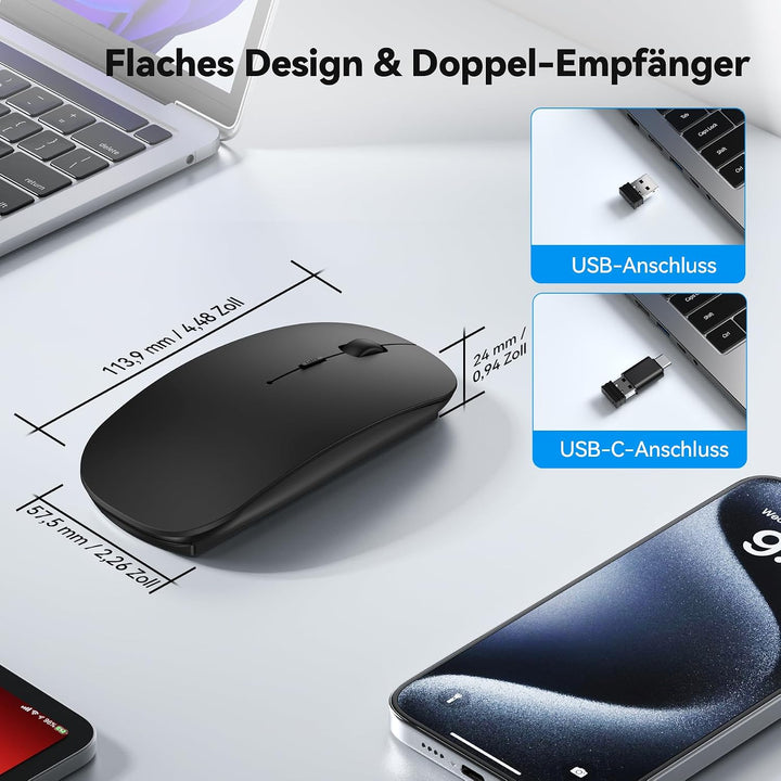 TECKNET Bluetooth Maus USB-C &amp; USB-A, Slim Kabellose Maus mit 4 Tasten Schwarz, Schwarz