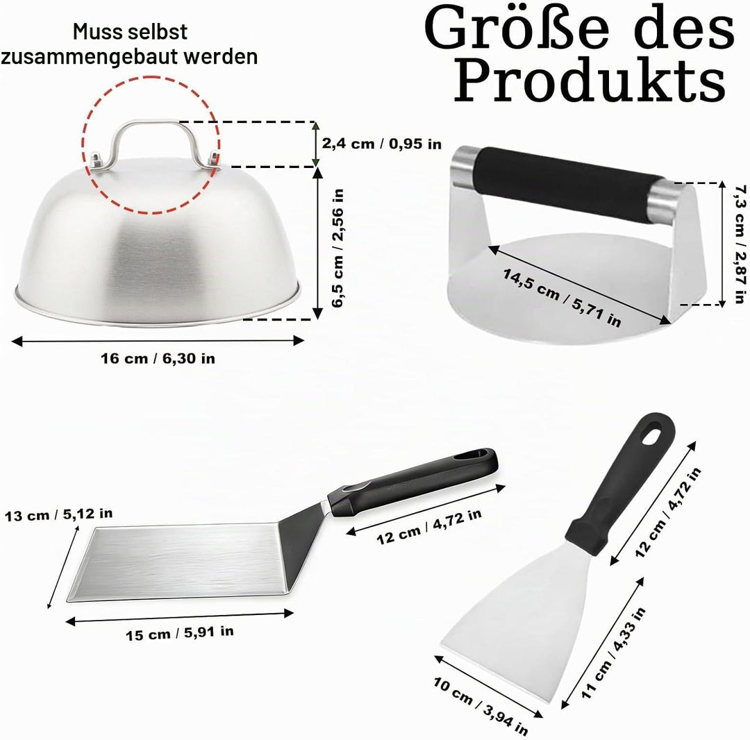 Smash Burger Set aus Edelstahl, 5 Smash Burger Set, Vielseitig Burgerpressen Kit, Burger Spachtel Se