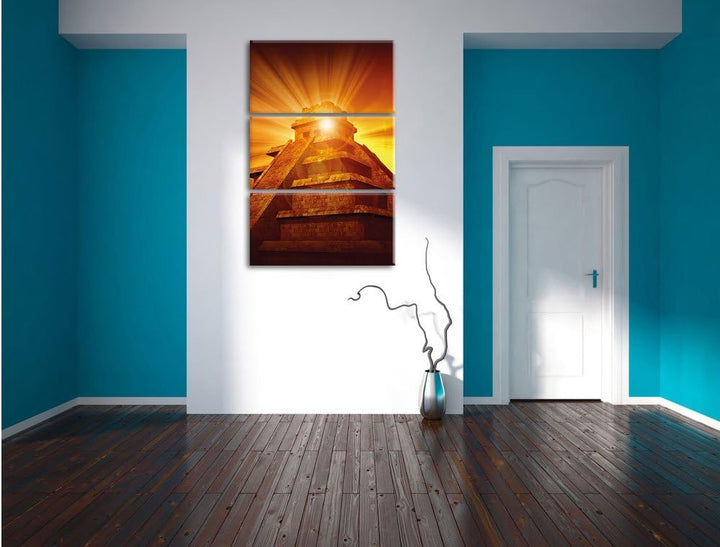 Pixxprint Maya Pyramide Tempelanlage als Leinwandbild/Grösse: 3 Teilig (120x80) cm/Wandbild/Kunstdru