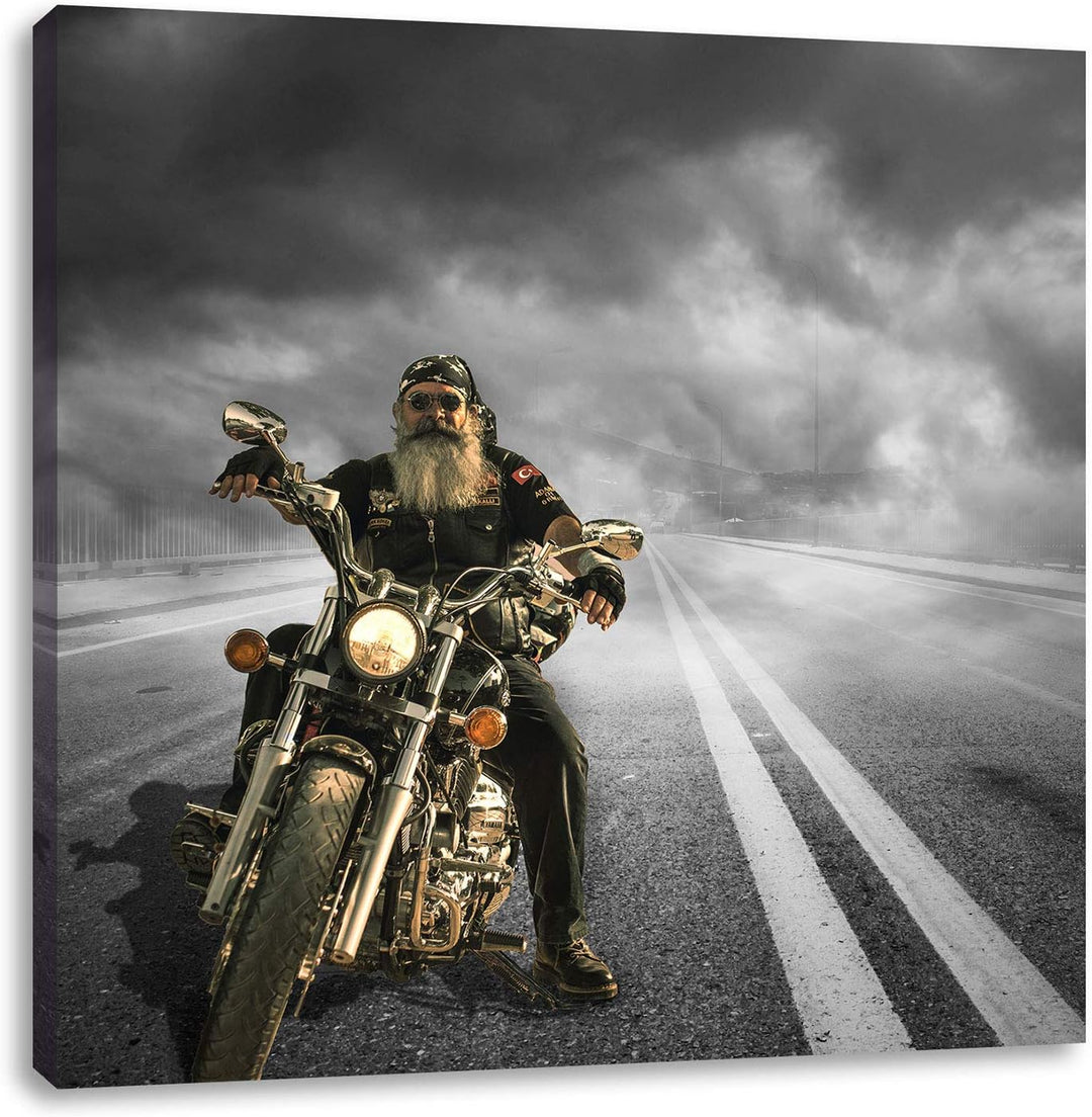 Pixxprint Biker auf Highway 70x70cm Leinwandbild Wandbild Kunstdruck, 70x70