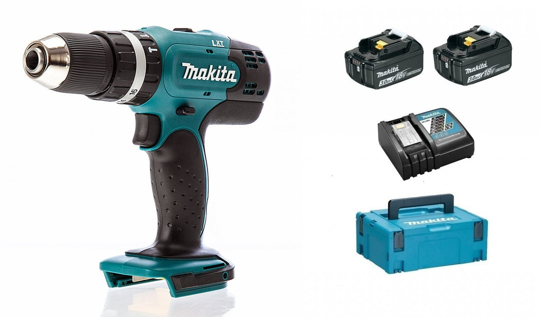 Makita DHP453RFJ kraftvolle Schlagbohrmaschine, mit 2 Akkus, 18 V, 3,0 Ah Single, Single