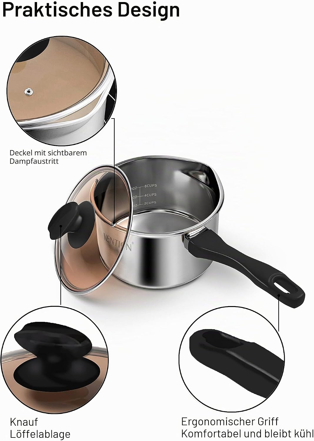 VENTION Edelstahl Stielkasserolle Induktion, Kochtopf Klein mit Deckel 18 cm, 2 Liter Stieltopf mit