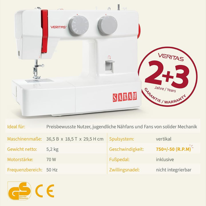 VERITAS Sarah - Mechanische Nähmaschine für Näh-Anfänger &amp; Einsteiger mit 13 Stichprogrammen, Freiar