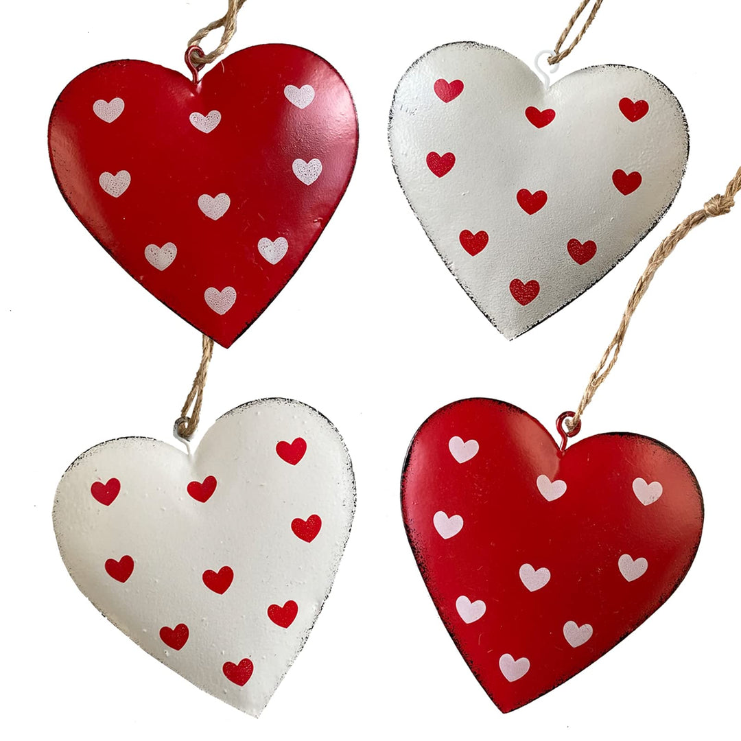Metallherz 4-er Set - 2-Fach Sortiert weiss mit roten Herzen, rot mit weissen Herzen - Geschenkanhän