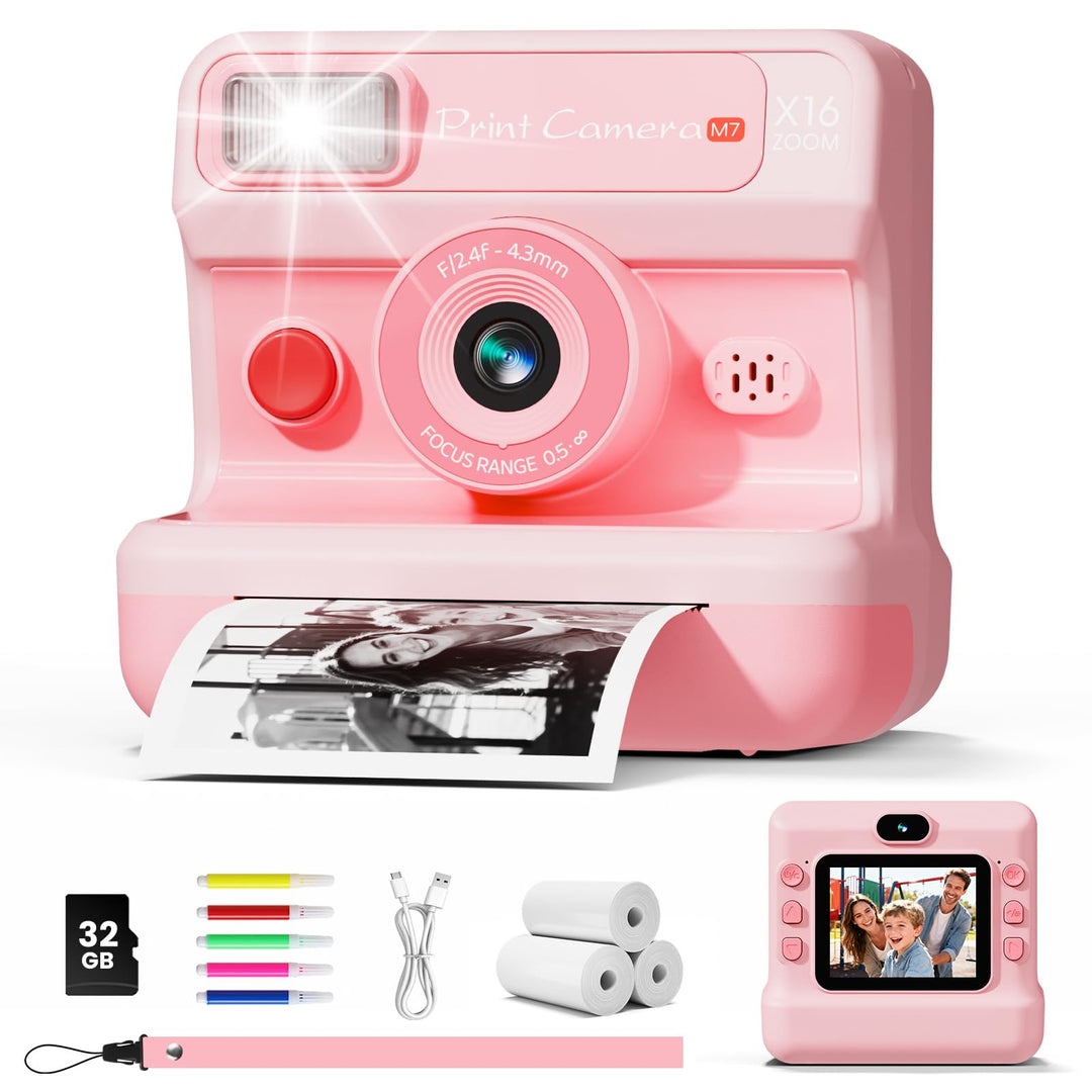 CalineGam Kinderkamera Sofortbildkamera, 1080P HD Sofortbildkamera Kinder mit 32 GB Karte und 3 Papi
