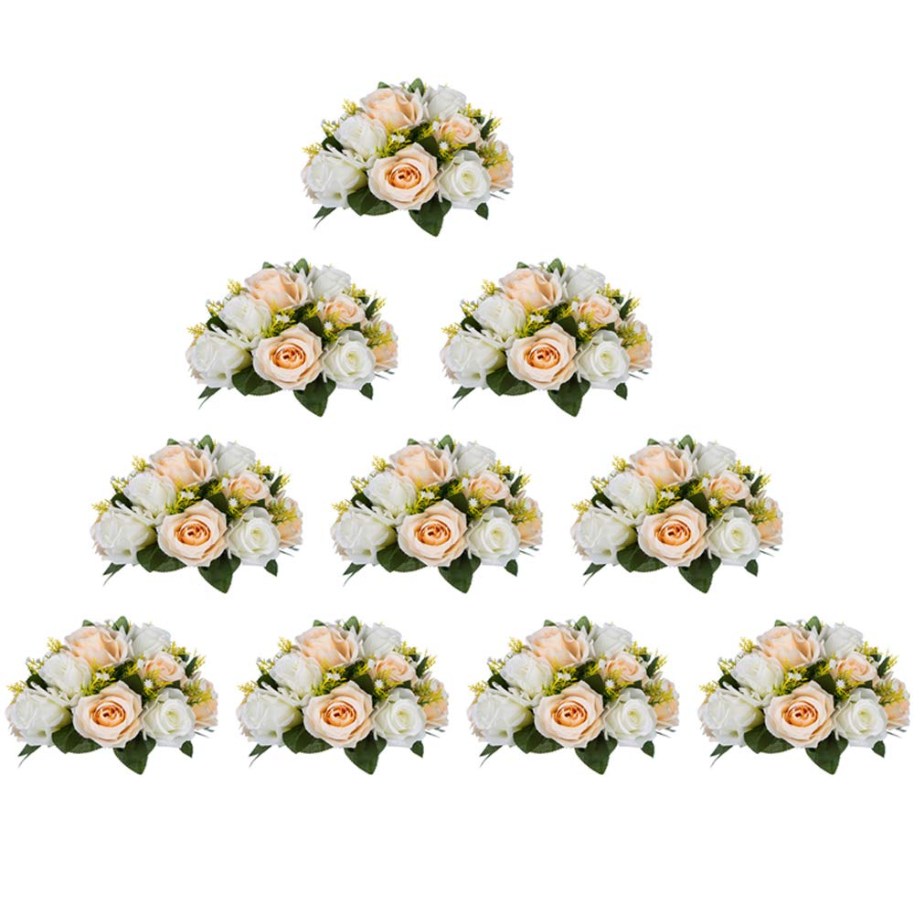 NUPTIO 10 Stück Künstliche Blumenstrauss, 15 Köpfe Kunststoff Rosen mit Sockel, Geeignet für Unser G
