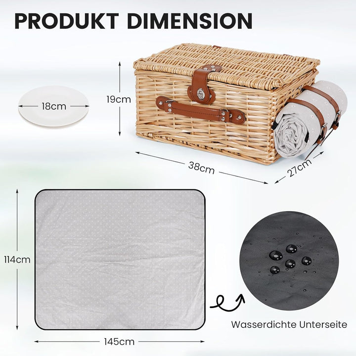Picknickkorb für 2 Personen - Isolierter Vintage Weidenkorb mit wasserdichter Matte & Besteckset Paa