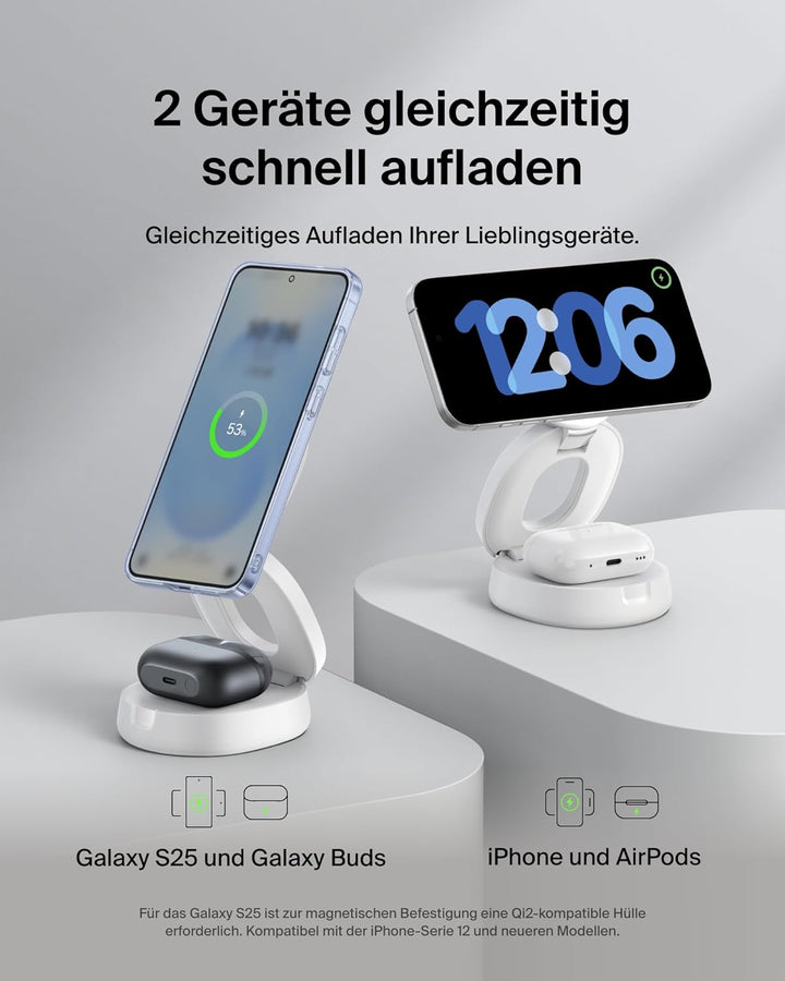 Belkin BoostCharge 2-in-1 Induktive Ladestation mit Qi2, 15W, MagSafe-kompatibles Ladegerät, Kabello