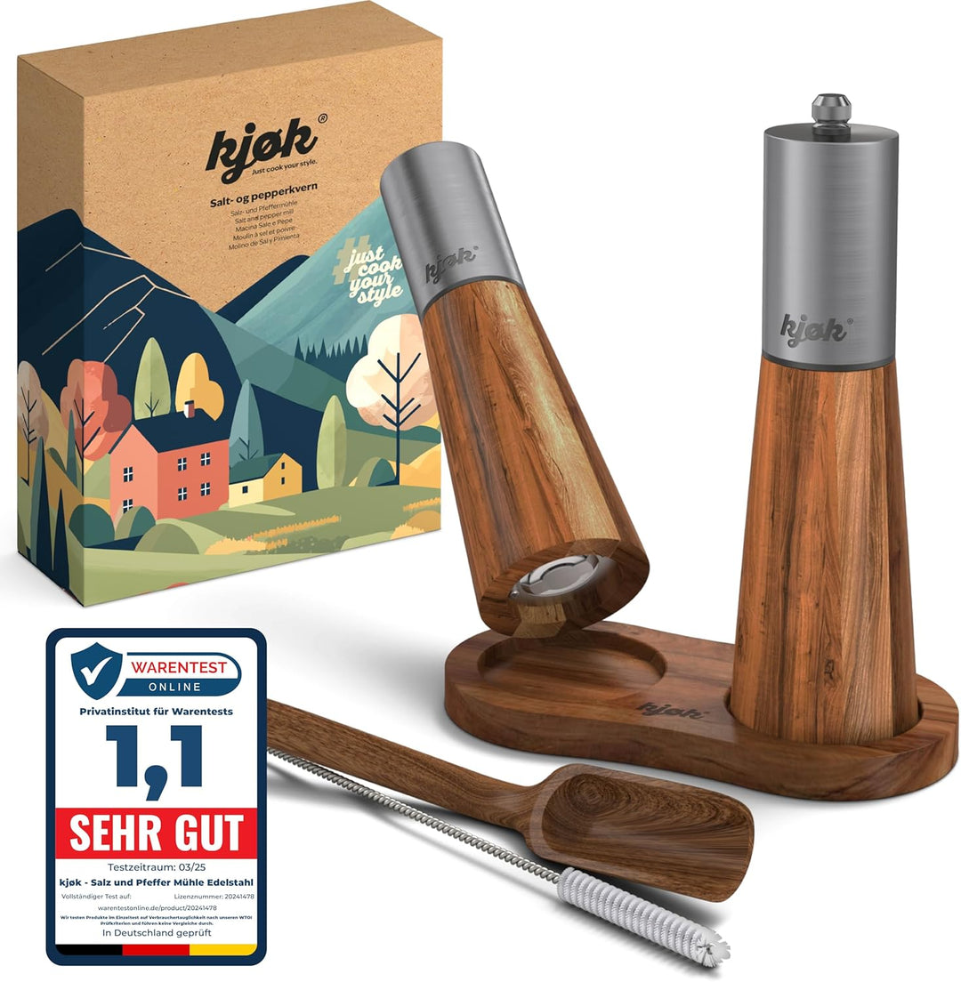 kjøk Premium Salz und Pfeffer Mühle Edelstahl und massives Akazienholz mit Untersetzer, Reinigungsbü