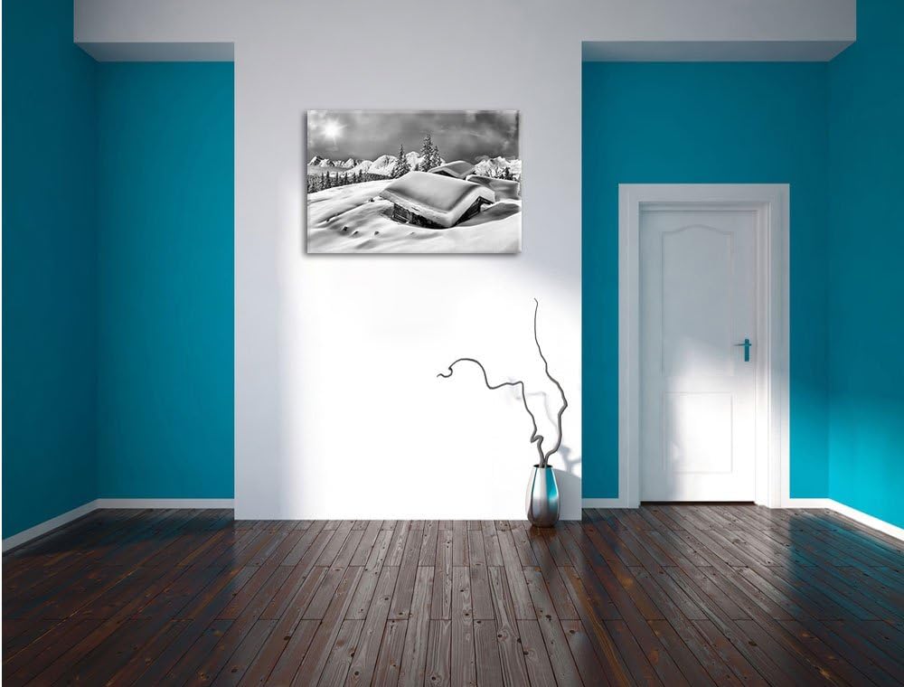Pixxprint Berghütten Alpen / 100x70cm Leinwandbild bespannt auf Holzrahmen/Wandbild Kunstdruck Dekor